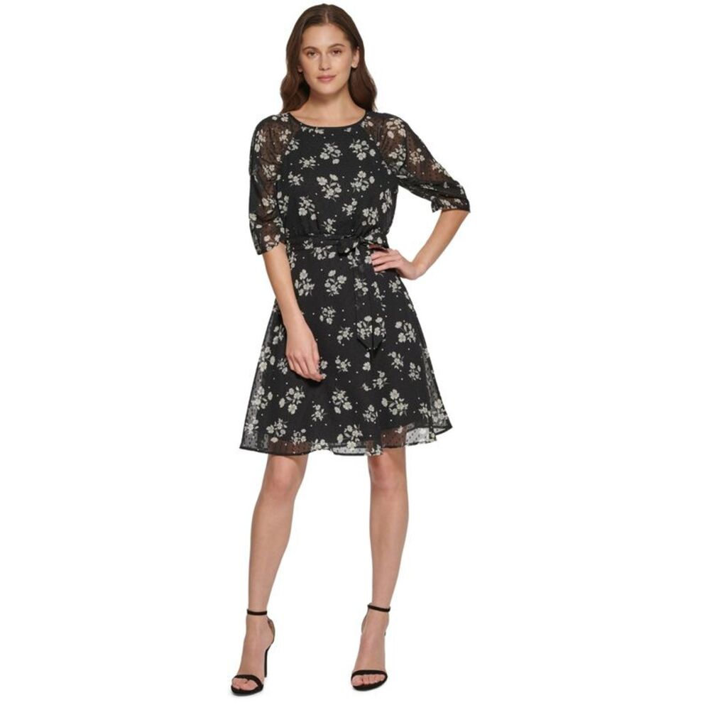 DKNY Womens Belted Fit & Flare Dress, Grey, 16, MP